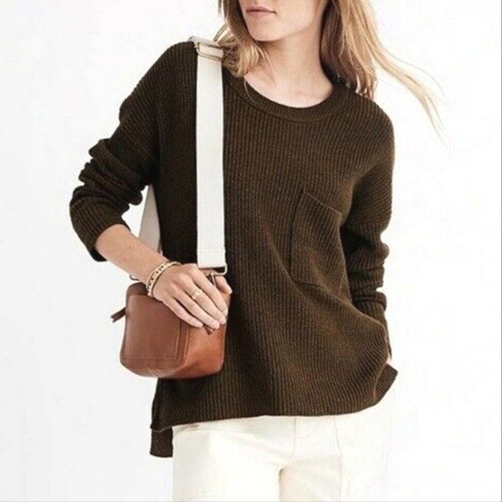 Madewell Olive Green Crew Neck Pullover Sweater Ribbed Knit Cozy Classic XS